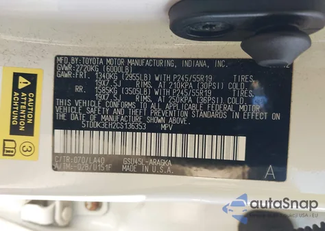 2012 Toyota Highlander Limited V6 z USA, uszkodzony, nr VIN 5TDDK3EH2CS136353